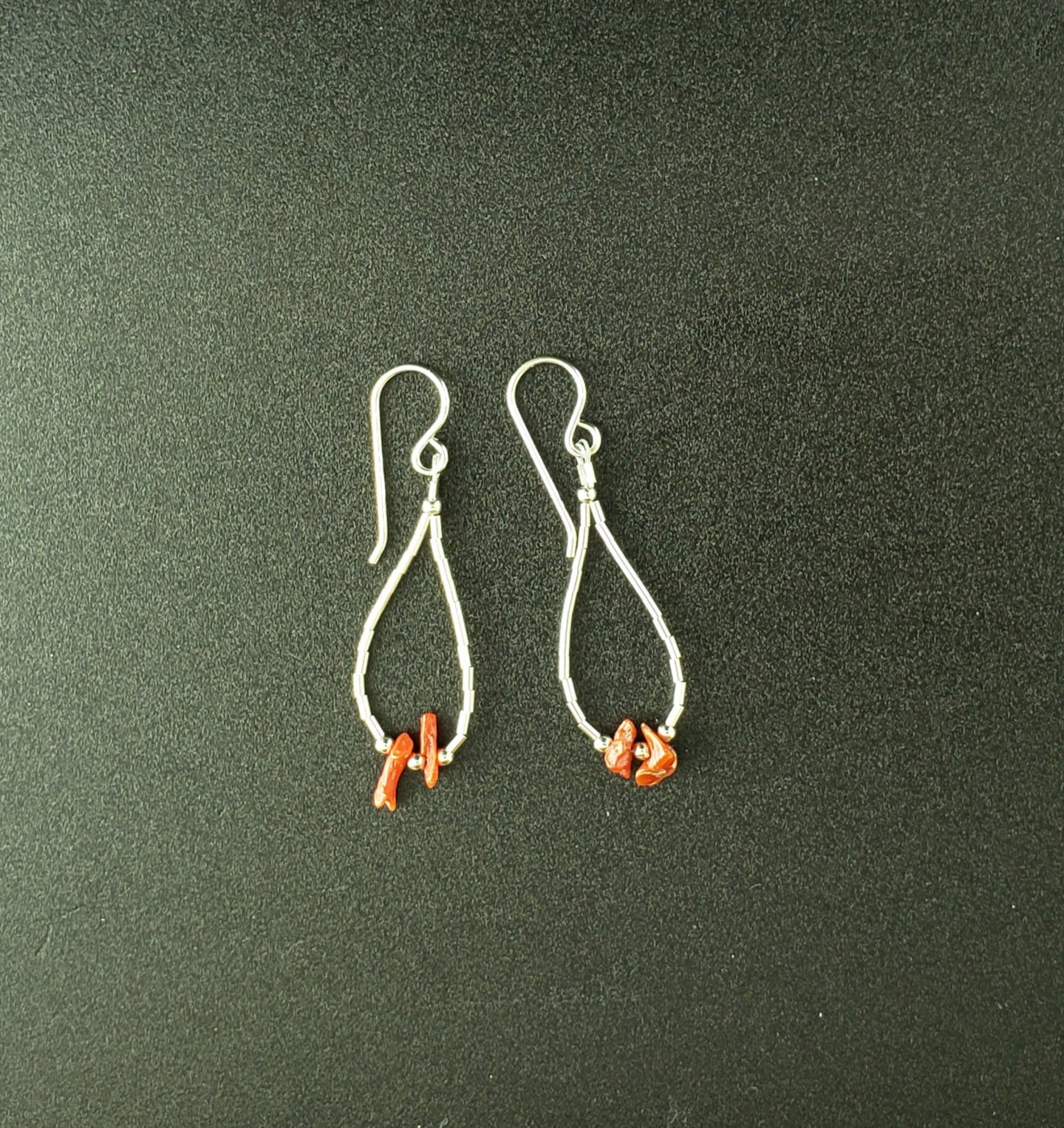 red coral chips liquid silver hoop sterling silver dangle earrings