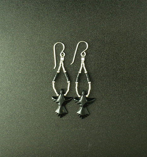 black onyx flying eagle liquid silver hoop sterling silver dangle earrings