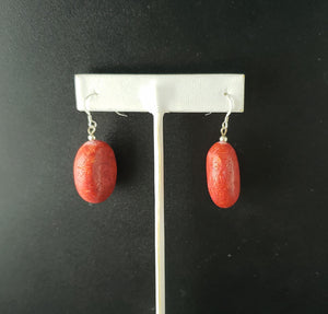 oval shape sponge red coral sterling silver dangle earrings