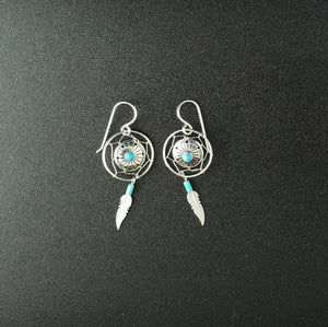Turquoise Southwest Concho and  dream catcher  feather sterling silver dangle earrings