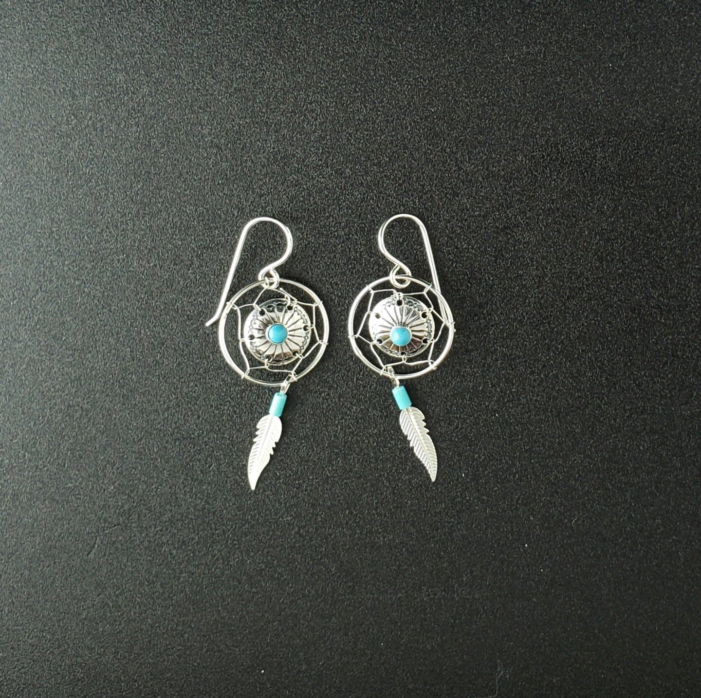 Turquoise Southwest Concho and  dream catcher  feather sterling silver dangle earrings