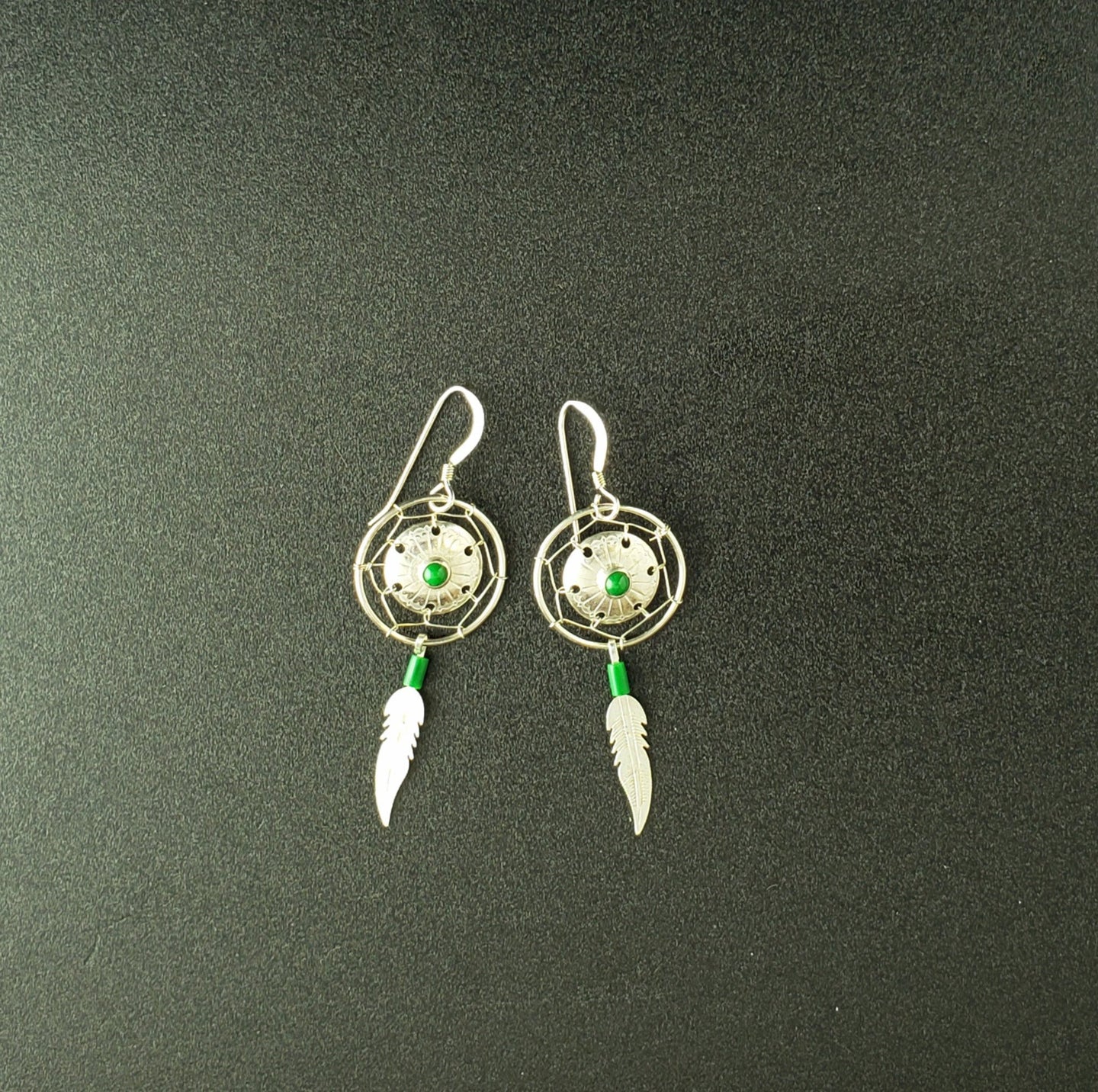 malachite Southwest Concho and  dream catcher feather sterling silver dangle earrings