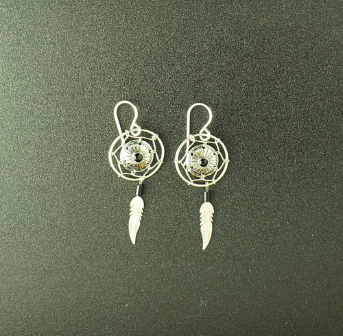 black onyx Southwest Concho and dream catcher feather sterling silver dangle earrings