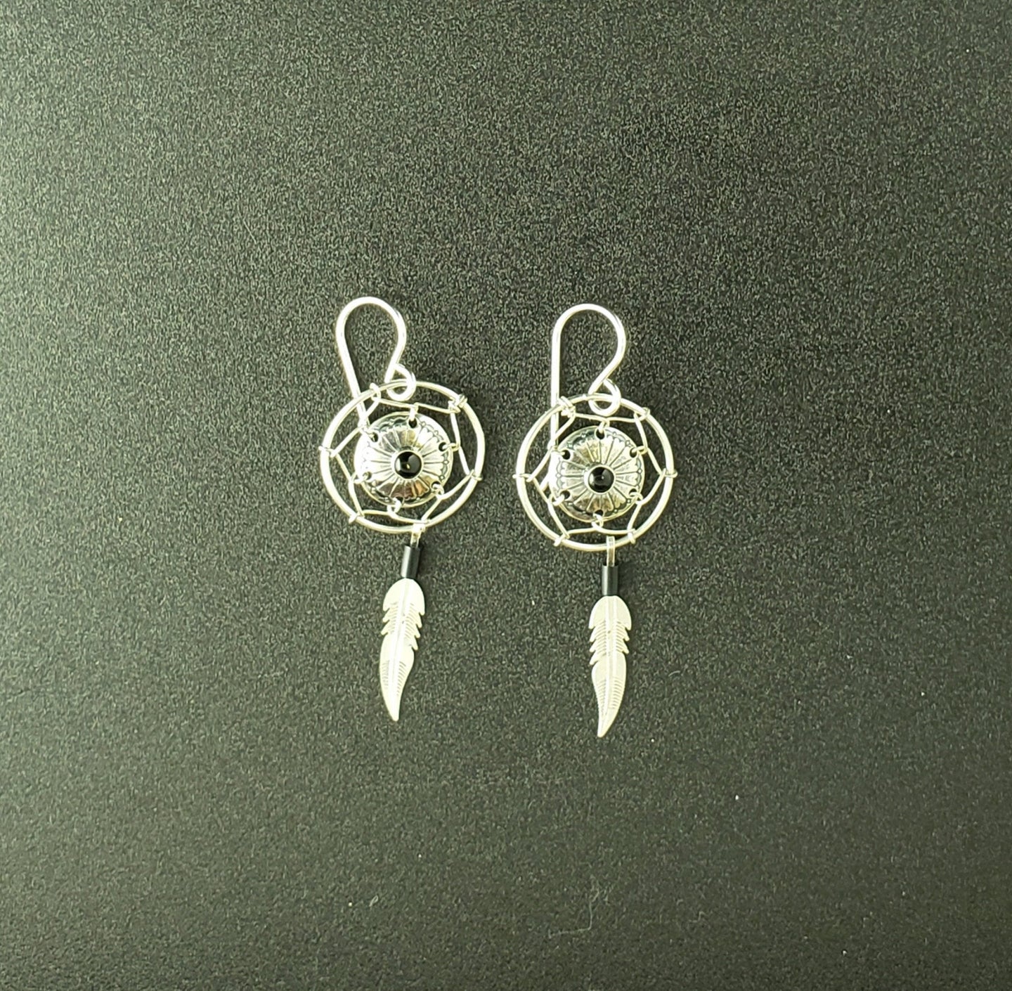 black onyx Southwest Concho and dream catcher feather sterling silver dangle earrings