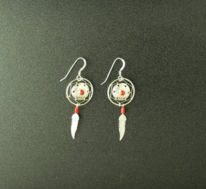red coral Southwest Concho and dream catcher feather sterling silver dangle earrings