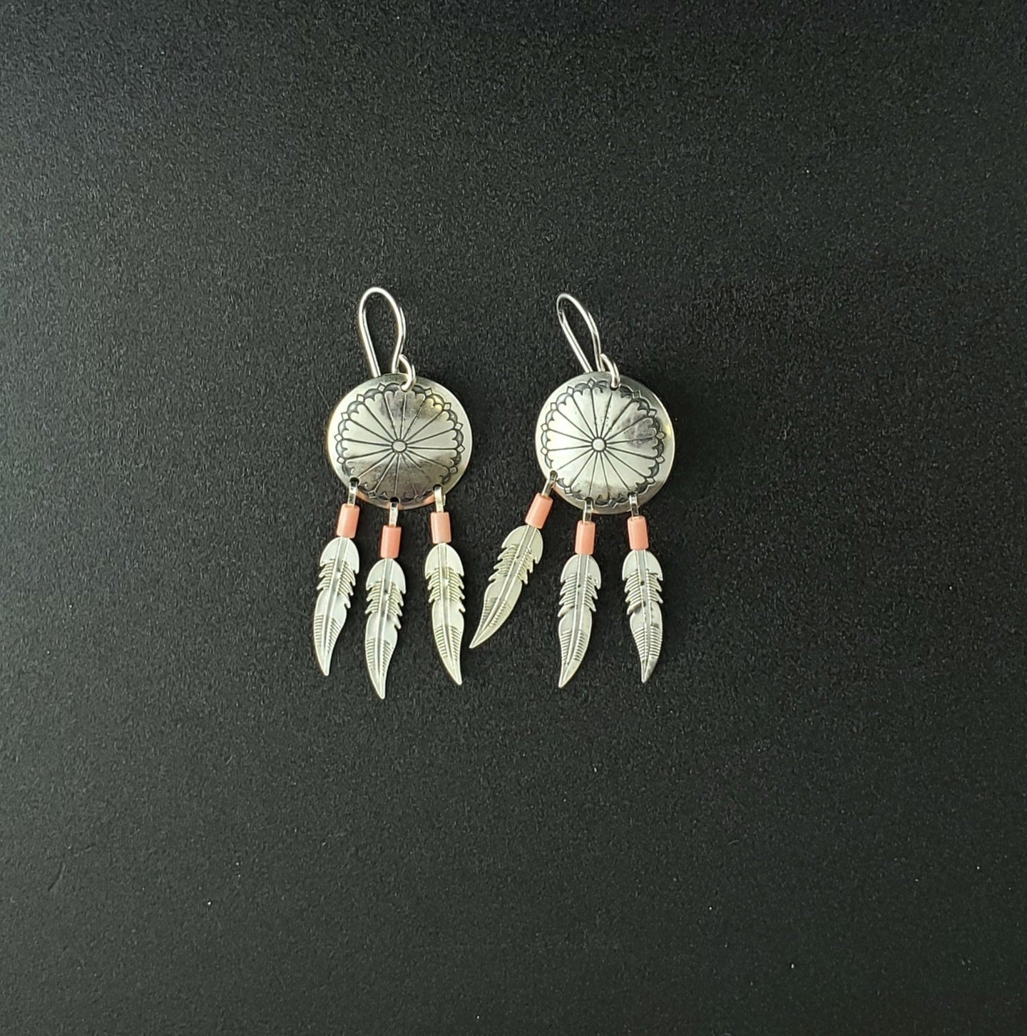 southwest concho feather sterling silver dangle earrings