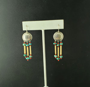 southwest concho turquoise red coral beads sterling silver dangle earrings
