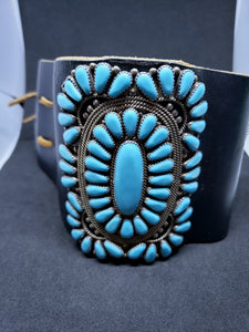 Leather Cluster Cuff Bracelet - Sterling Silver Kingman Turquoise ~ Vintage