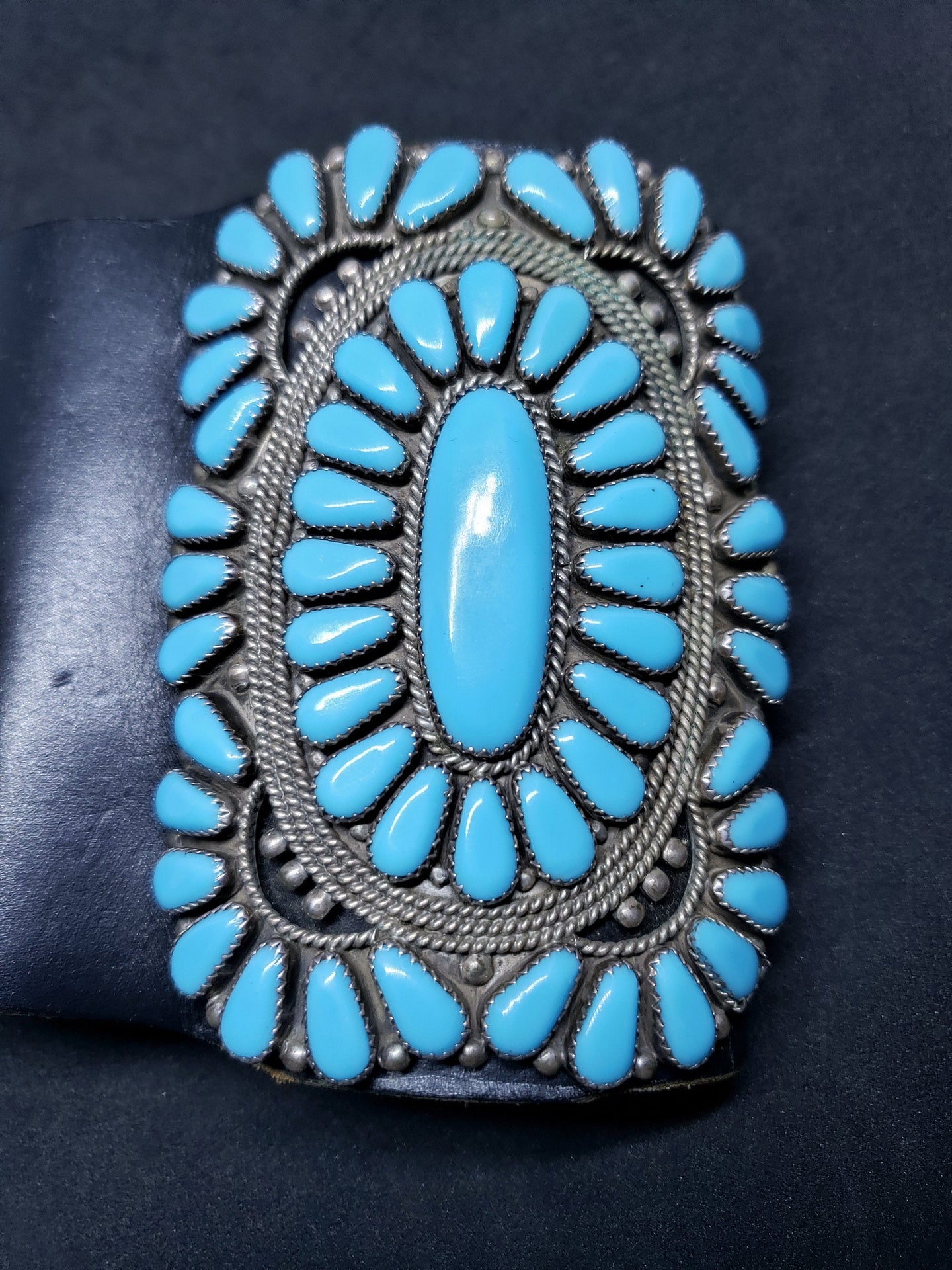 Leather Cluster Cuff Bracelet - Sterling Silver Kingman Turquoise ~ Vintage