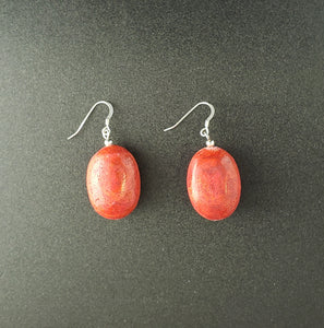 oval shape sponge red coral sterling silver dangle earrings