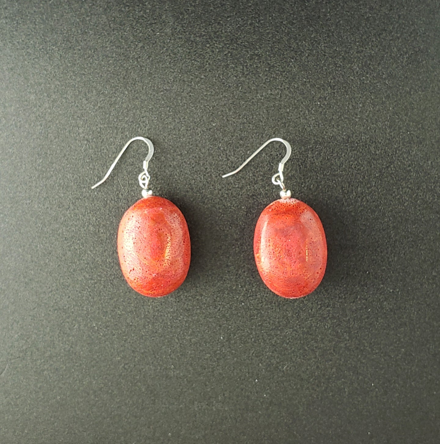 oval shape sponge red coral sterling silver dangle earrings