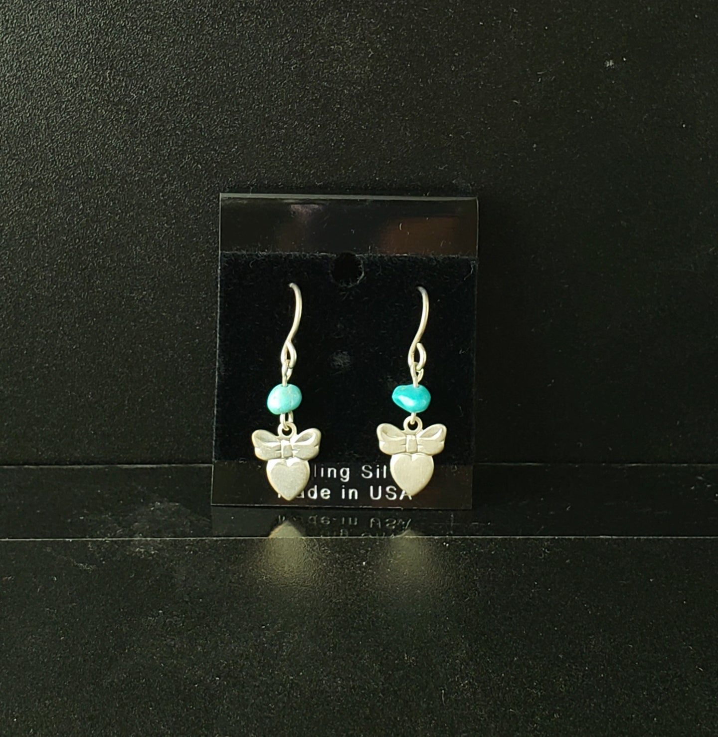 turquoise small heart and bow sterling silver dangle earrings