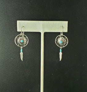 Turquoise Southwest Concho and  dream catcher  feather sterling silver dangle earrings