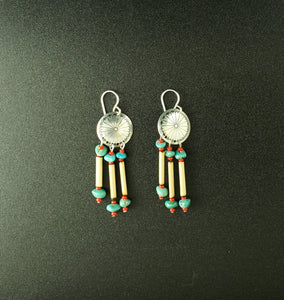 southwest concho turquoise red coral beads sterling silver dangle earrings