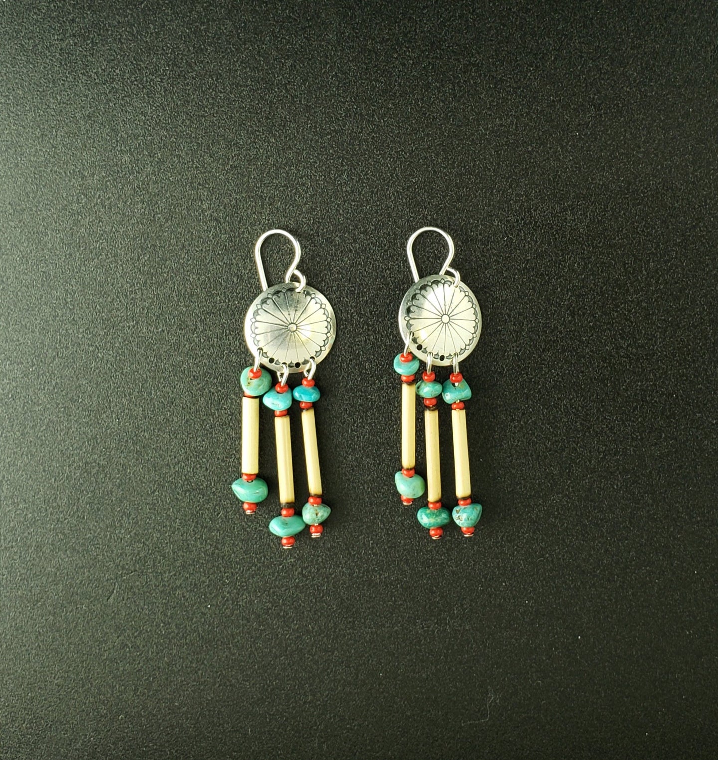 southwest concho turquoise red coral beads sterling silver dangle earrings