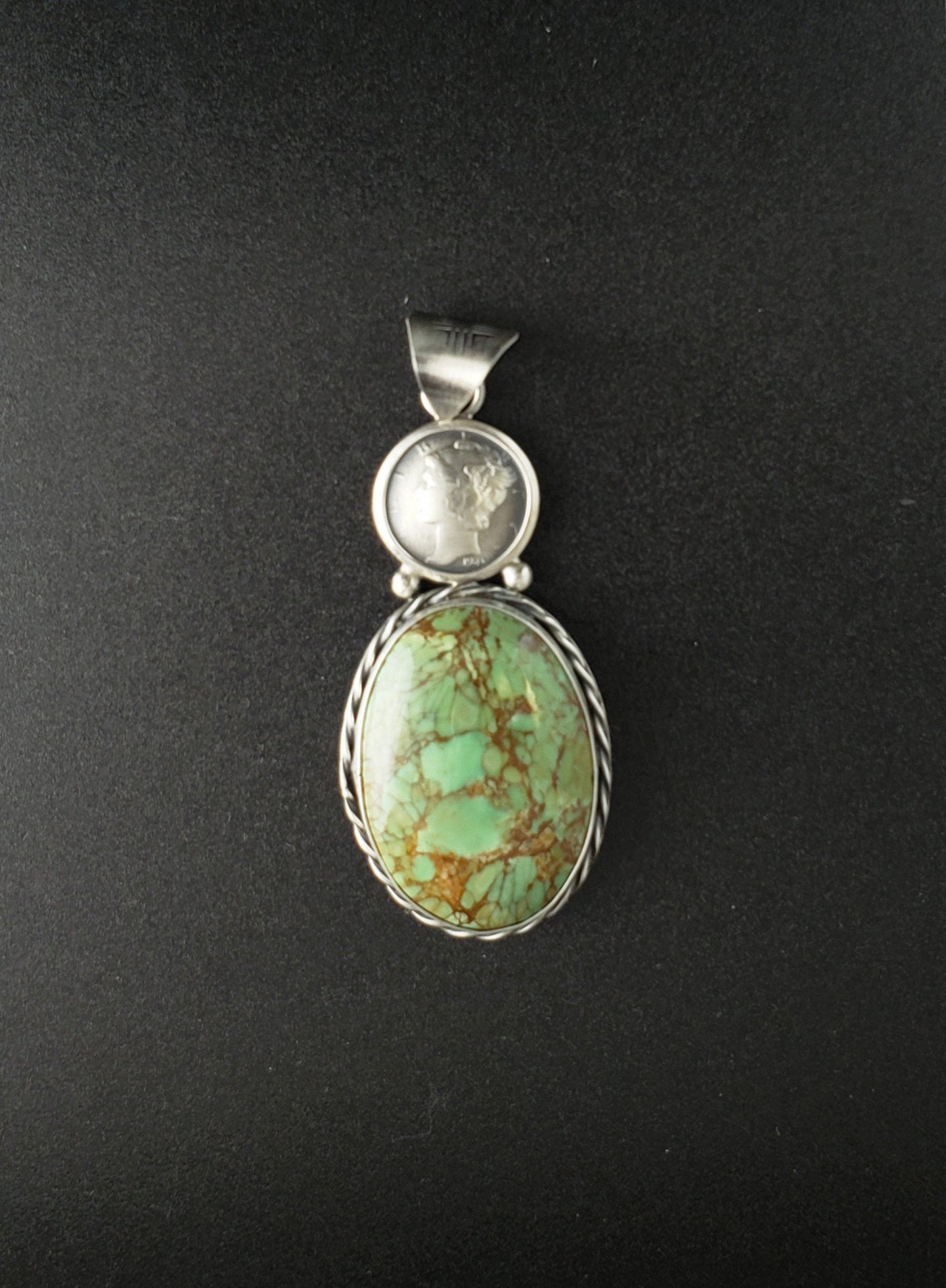 Royston turquoise 1945 liberty mercury head coin sterling silver oval pendant