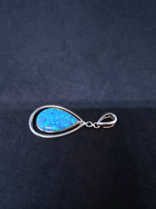 Blue fire opal teardrop sterling silver pendant