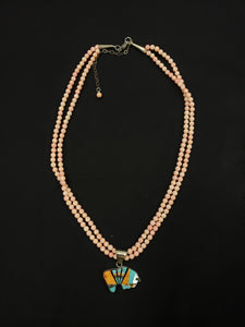 Vintage 16 inches double strands spiny oyster beaded necklace with inlay turquoise buffalo sterling silver pendant