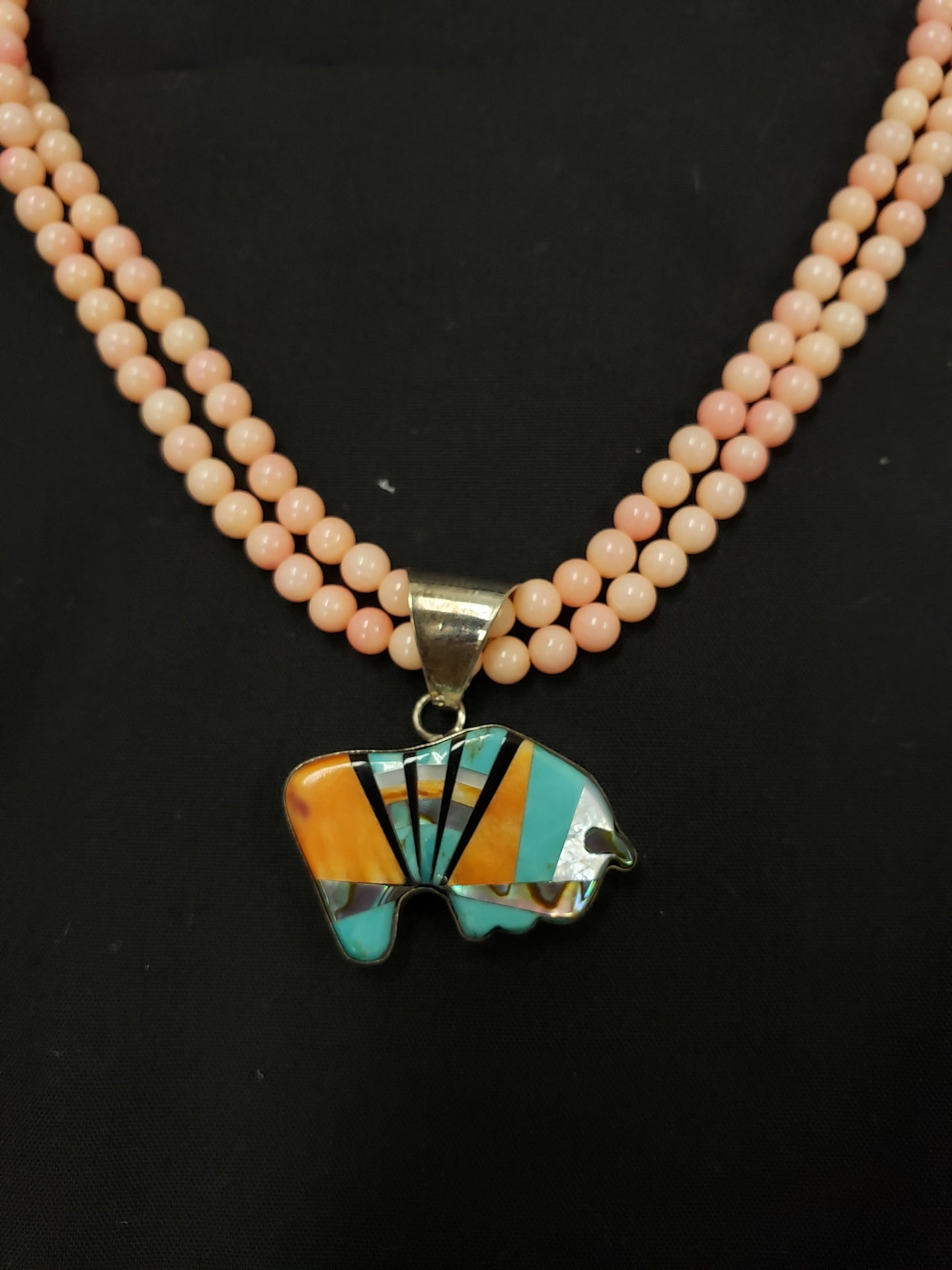 Vintage 16 inches double strands spiny oyster beaded necklace with inlay turquoise buffalo sterling silver pendant