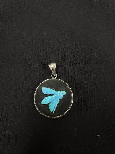 carving bumblebee Blue fire opal  sterling silver round pendant