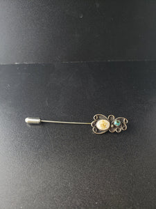 Vintage native American flower lapel pin - turquoise and pearl - sterling silver