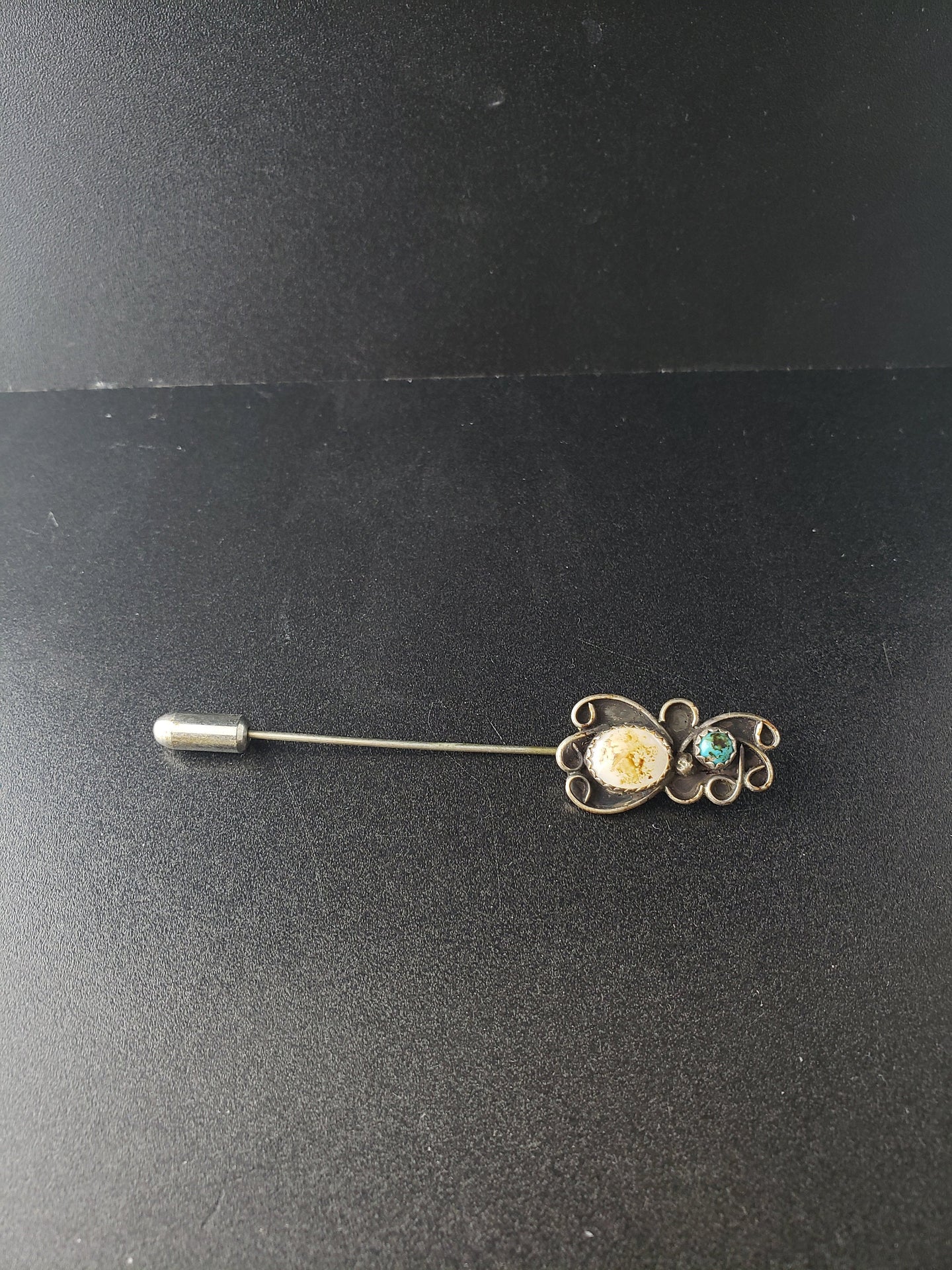 Vintage native American flower lapel pin - turquoise and pearl - sterling silver
