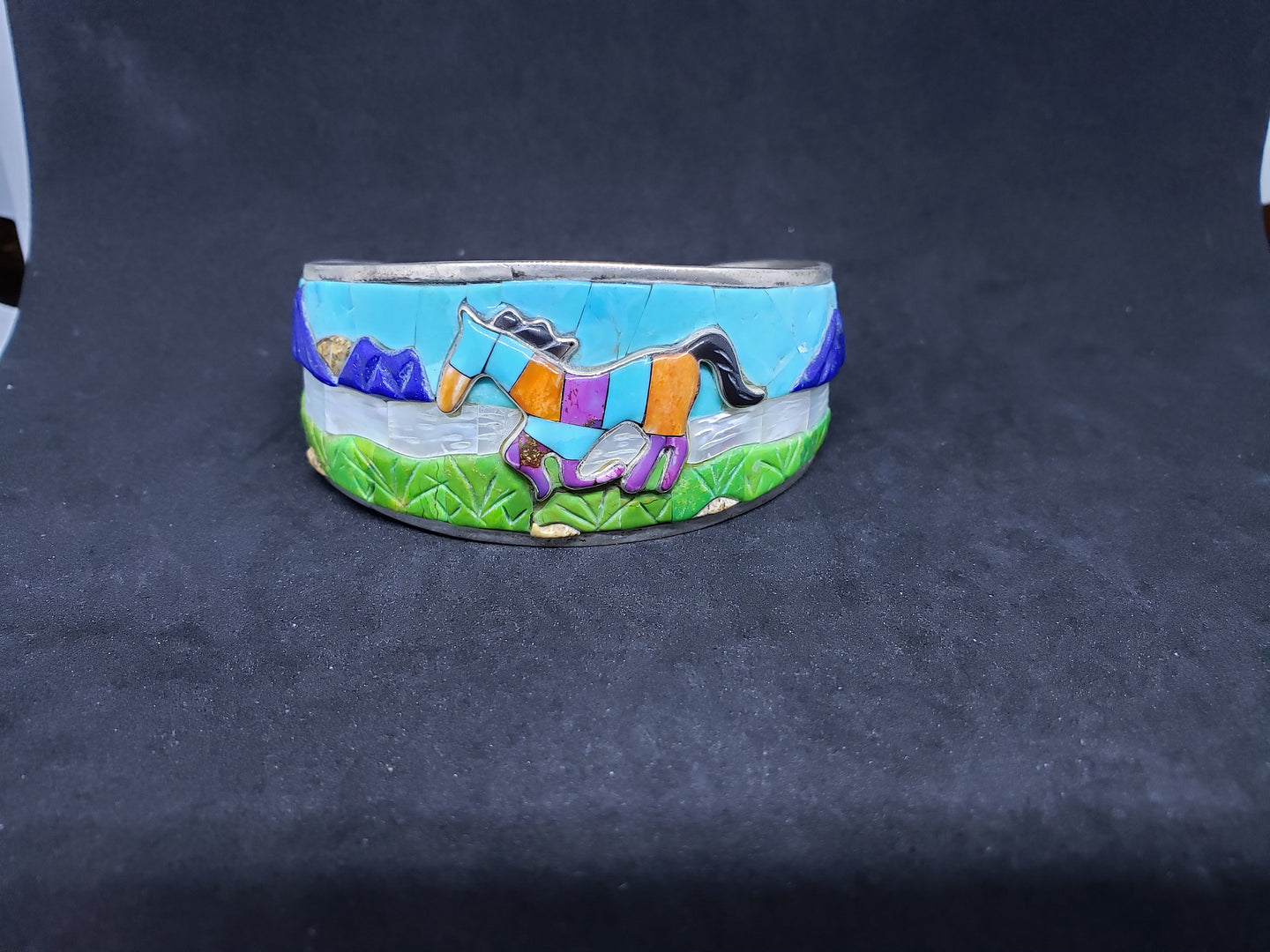 Vintage inlay turquoise lapis spiny oyster malachite running horse mountains river grass sterling silver cuff bracelet