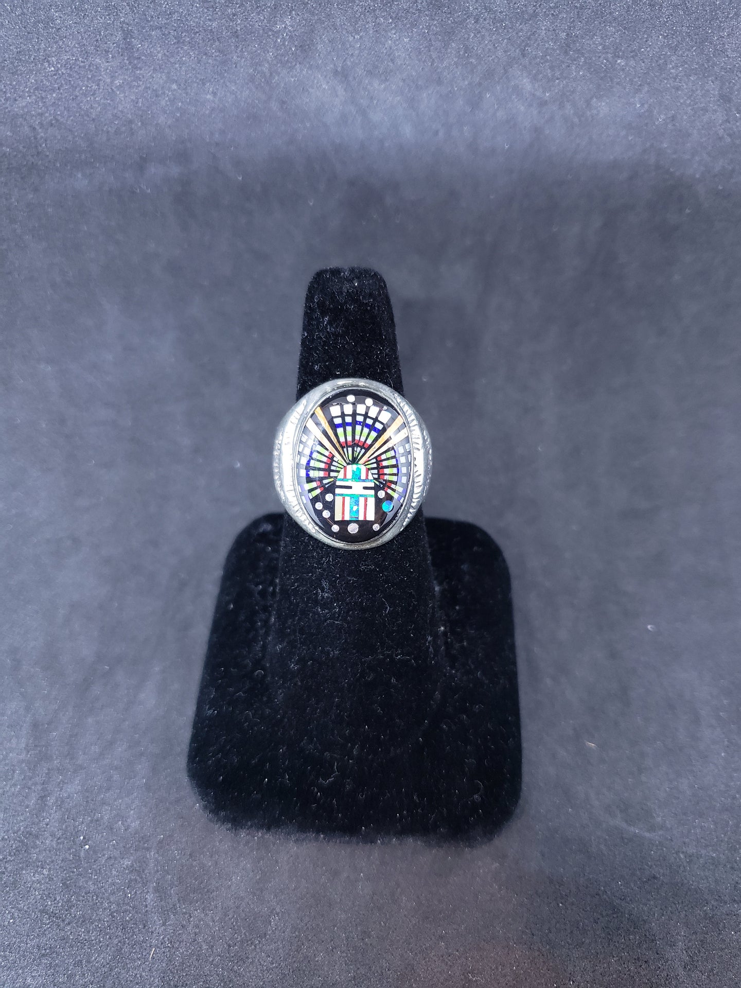 Size 9 3/4 men's ring inlay multi stones black onyx turquoise blue opal red coral pearl sterling silver ring