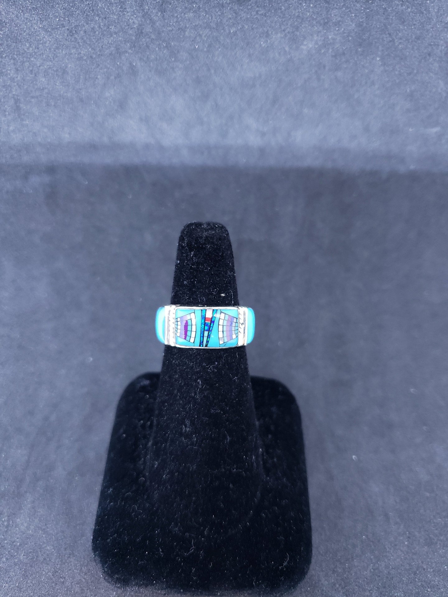 Size 7 3/4 men's ring inlay multi stones black onyx turquoise blue opal red coral pearl sterling silver ring