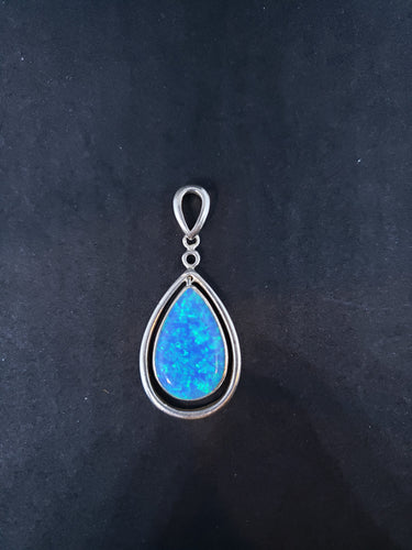 Blue fire opal teardrop sterling silver pendant