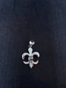 Fleur-de-lis design inlay white fire opal sterling silver pendant