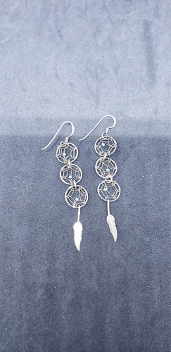 3 small dream catcher with turquoise and feather dangle earrings- vintage sterling silver earring