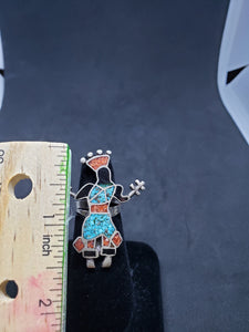 Vintage Zuni Kachina inlay turquoise chip coral chip black onyx sterling silver ring size 6