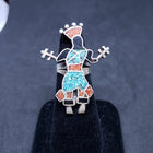 Vintage Zuni Kachina inlay turquoise chip coral chip black onyx sterling silver ring size 6