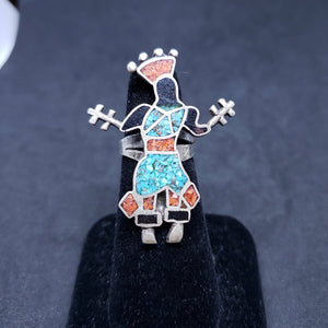 Vintage Zuni Kachina inlay turquoise chip coral chip black onyx sterling silver ring size 6