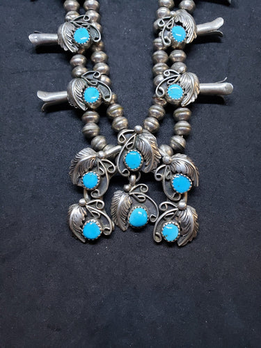 20 inches Vintage Navajo sleeping beauty turquoise Naja flower leaf design blossom bells sterling silver bead necklace