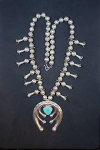 22 inches Vintage Navajo turquoise Naja blossom bells sterling silver bead necklace