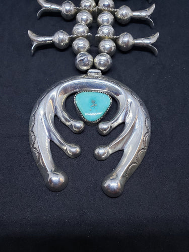 22 inches Vintage Navajo turquoise Naja blossom bells sterling silver bead necklace