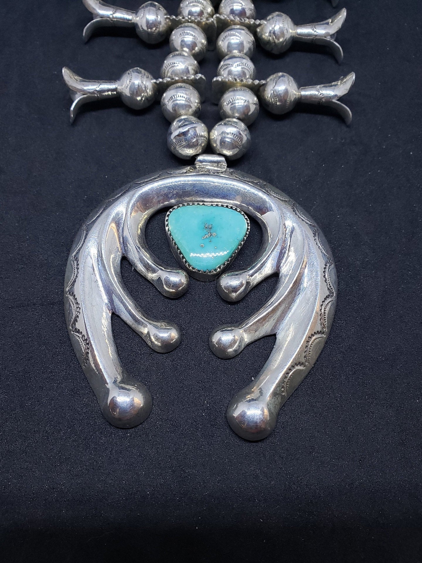 22 inches Vintage Navajo turquoise Naja blossom bells sterling silver bead necklace