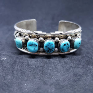 Vintage Navajo flower leaf sleeping beauty turquoise sterling silver cuff bracelet- signed JBOB