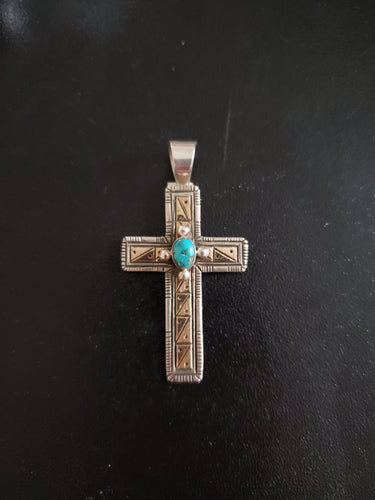 14k gold cross pendant - vintage Navajo Royston turquoise sterling silver