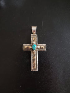 14k gold cross pendant - vintage Navajo Royston turquoise sterling silver