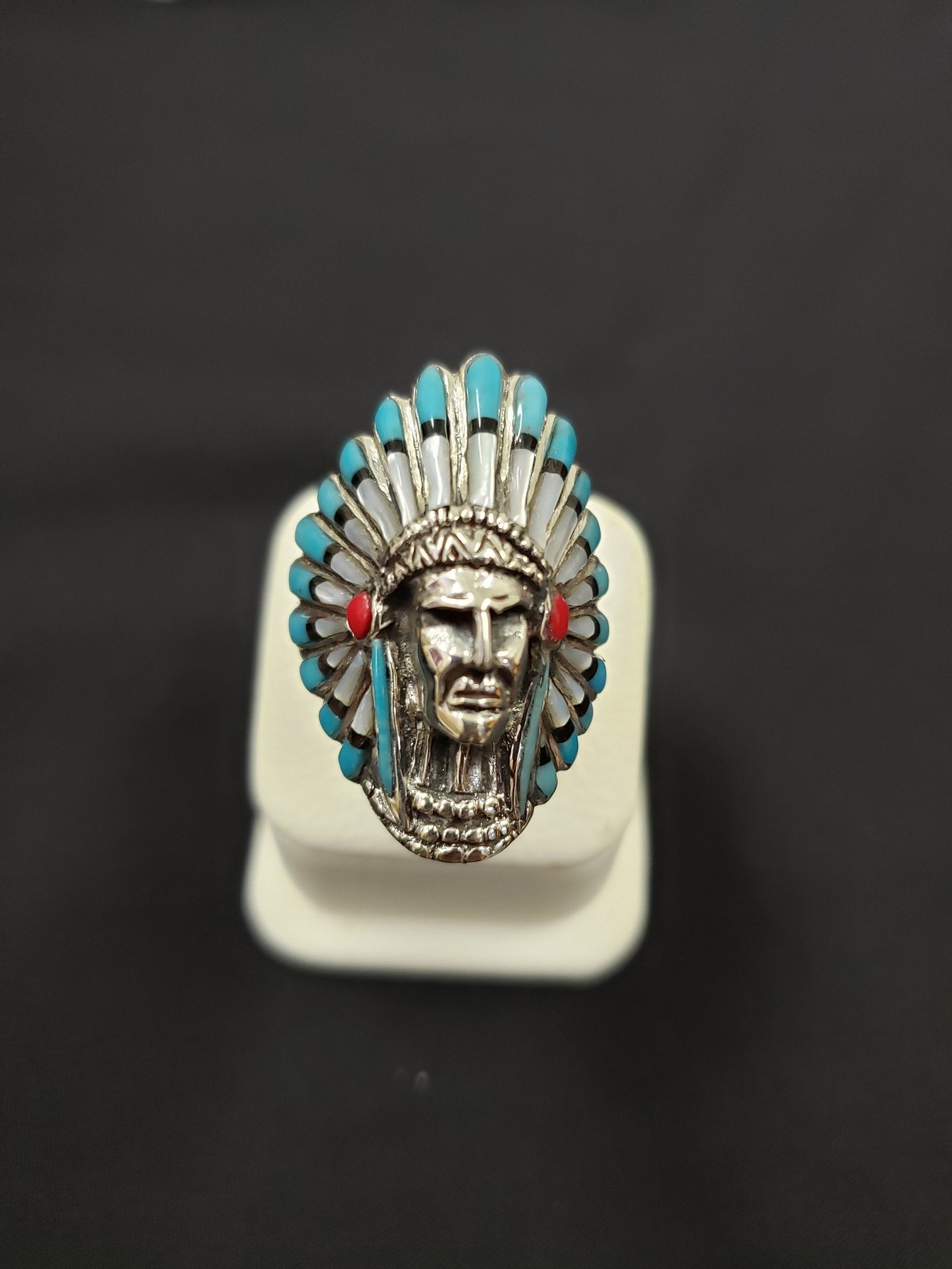 Chief head ring - inlay turquoise red coral pearl shell black onyx - sterling silver ring - size 9 1/2
