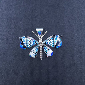 Southwest butterfly inlay blue fire opal white fire opal sterling silver pendant