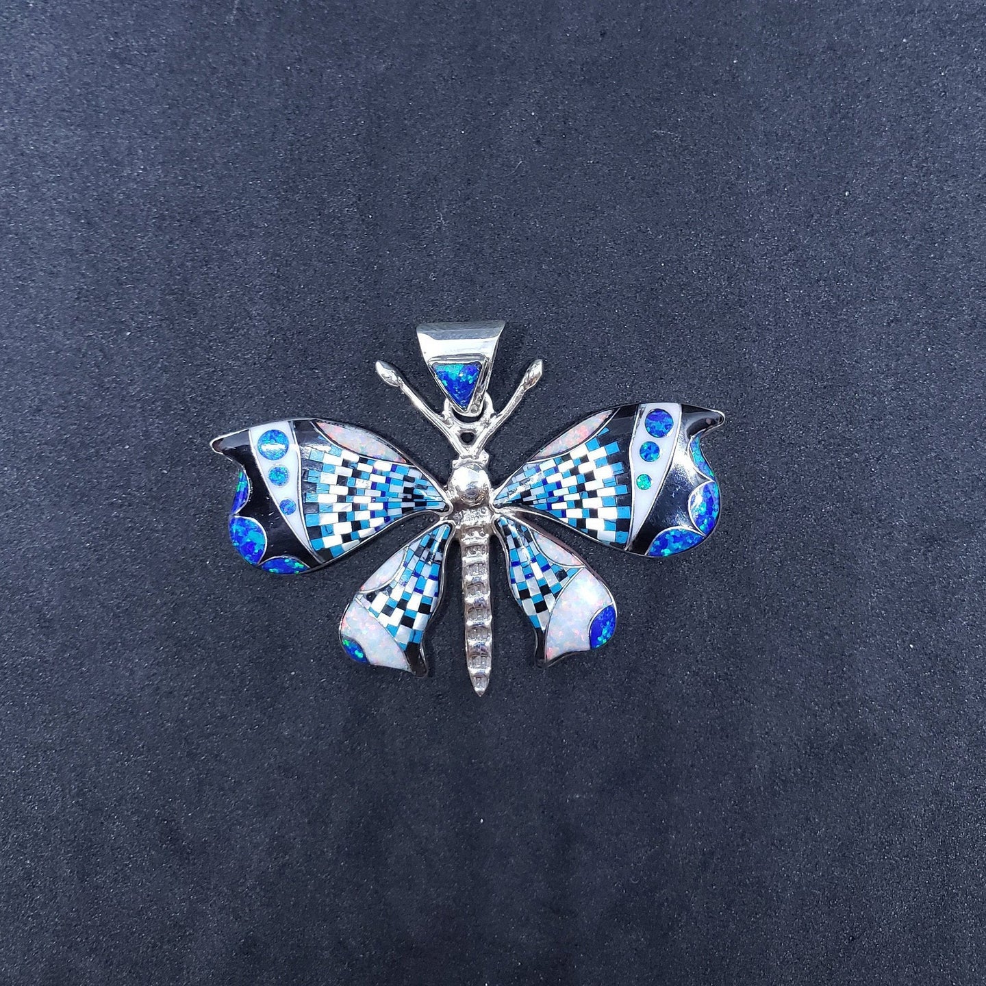 Southwest butterfly inlay blue fire opal white fire opal sterling silver pendant