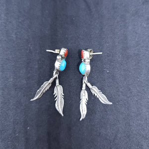 Vintage Navajo feather sleeping beauty turquoise red coral sterling silver post earrings