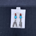 Vintage Navajo feather sleeping beauty turquoise red coral sterling silver post earrings