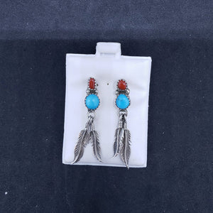 Vintage Navajo feather sleeping beauty turquoise red coral sterling silver post earrings