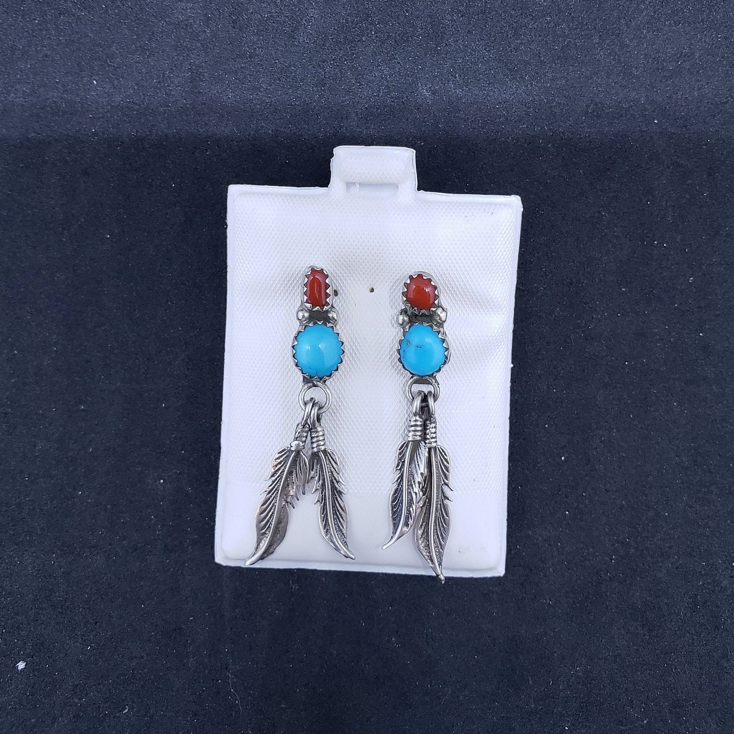 Vintage Navajo feather sleeping beauty turquoise red coral sterling silver post earrings