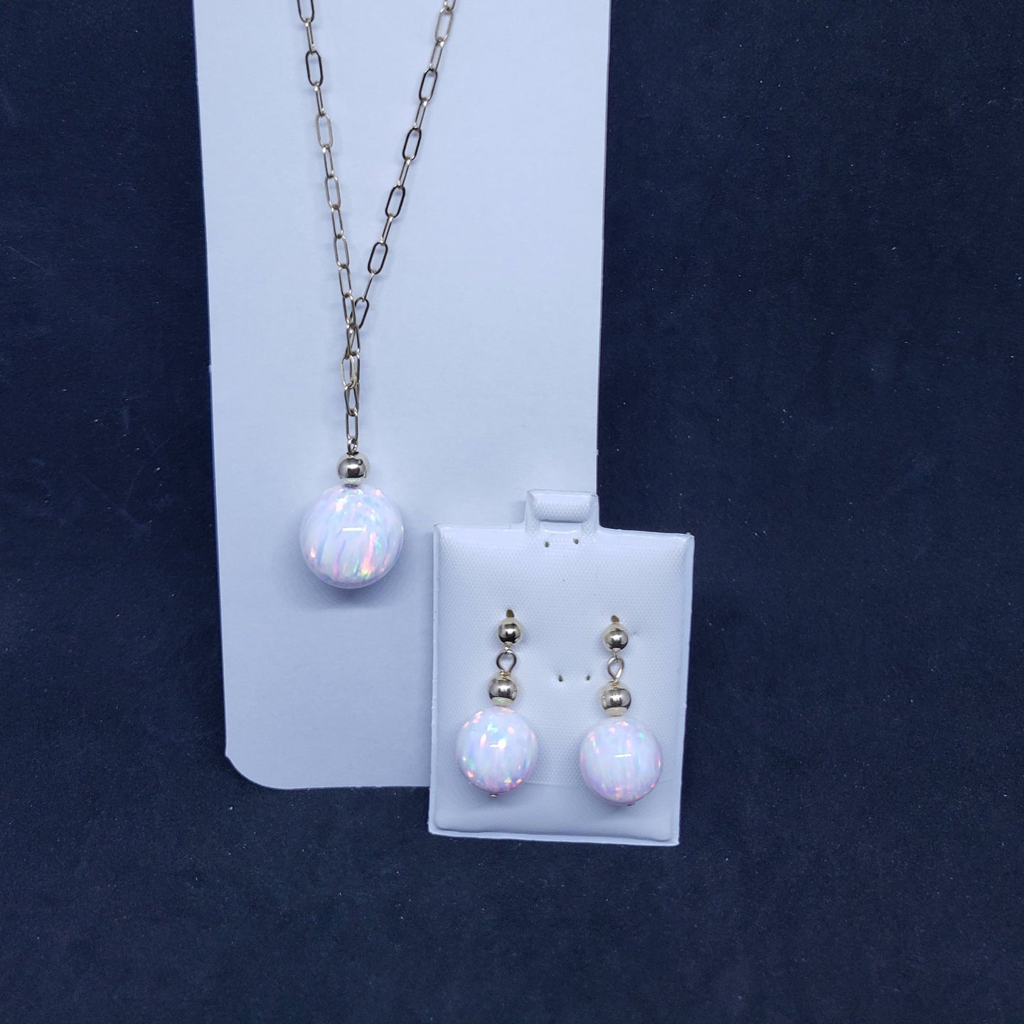 White fire opal 14k gold necklace and post earrings- gold jewelry set